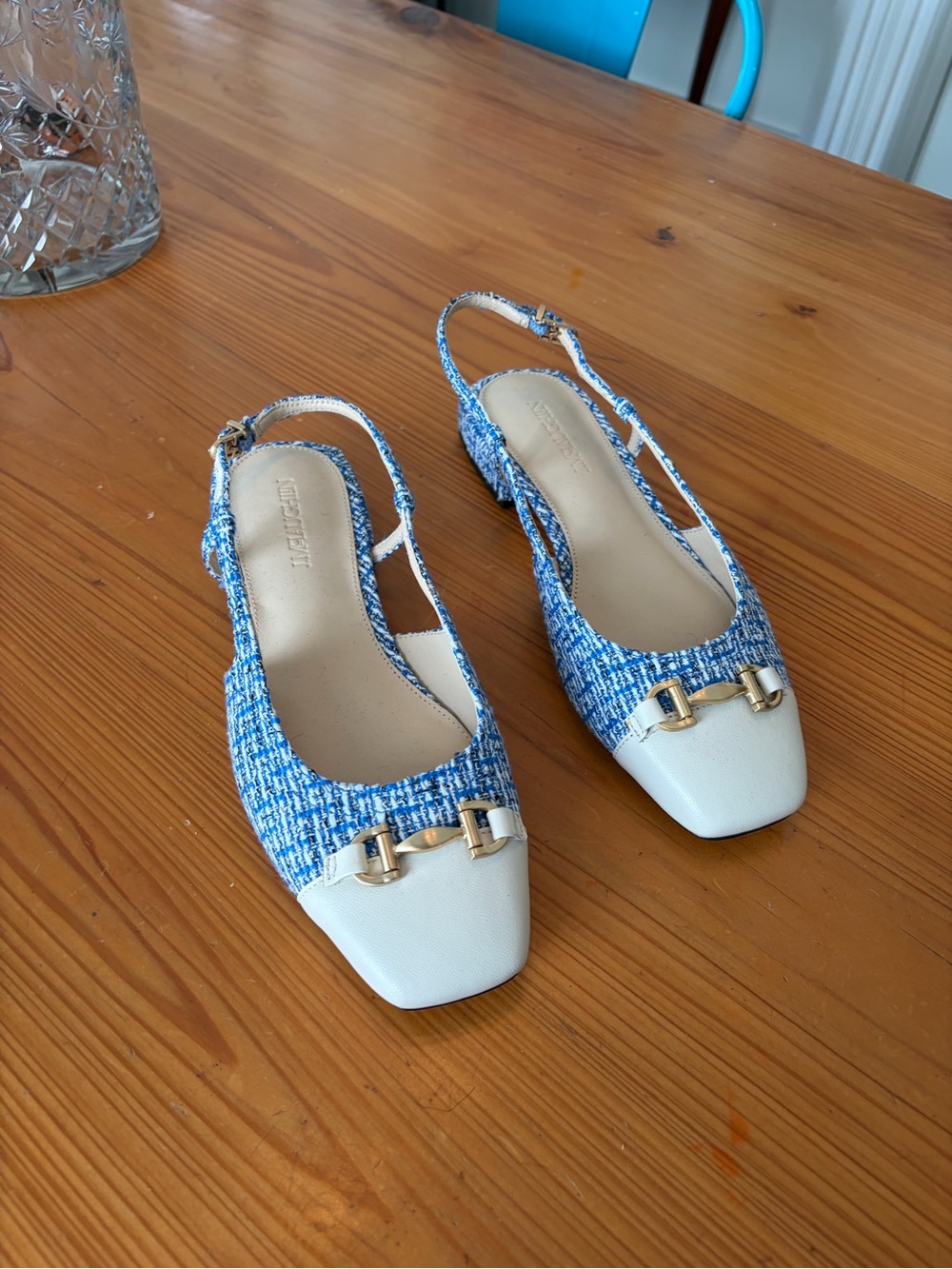 J. McLaughlin Blue Tweed & White Slingback Flats with Gold Accent